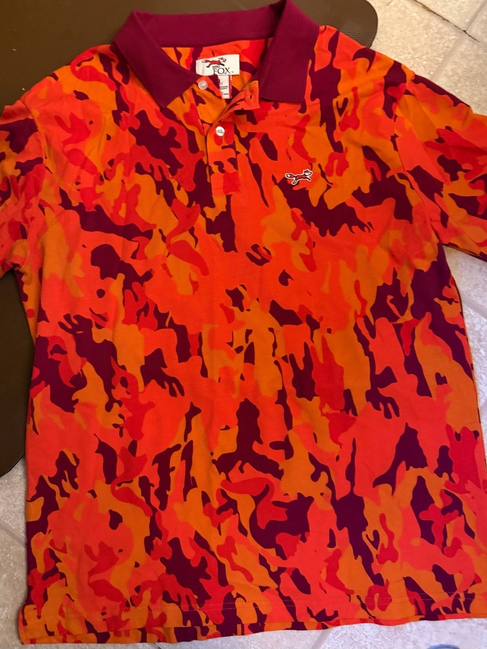 Retro Fox Men’s Orange & Burgundy Camouflage XL Polo Shirt